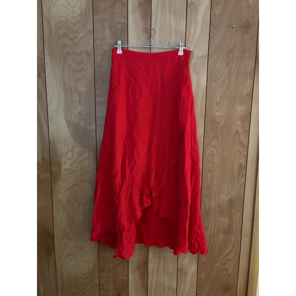 Ann Taylor Red Ruffle High Low Maxi Skirt Size 00 Rayon Lined Vibrant Festive